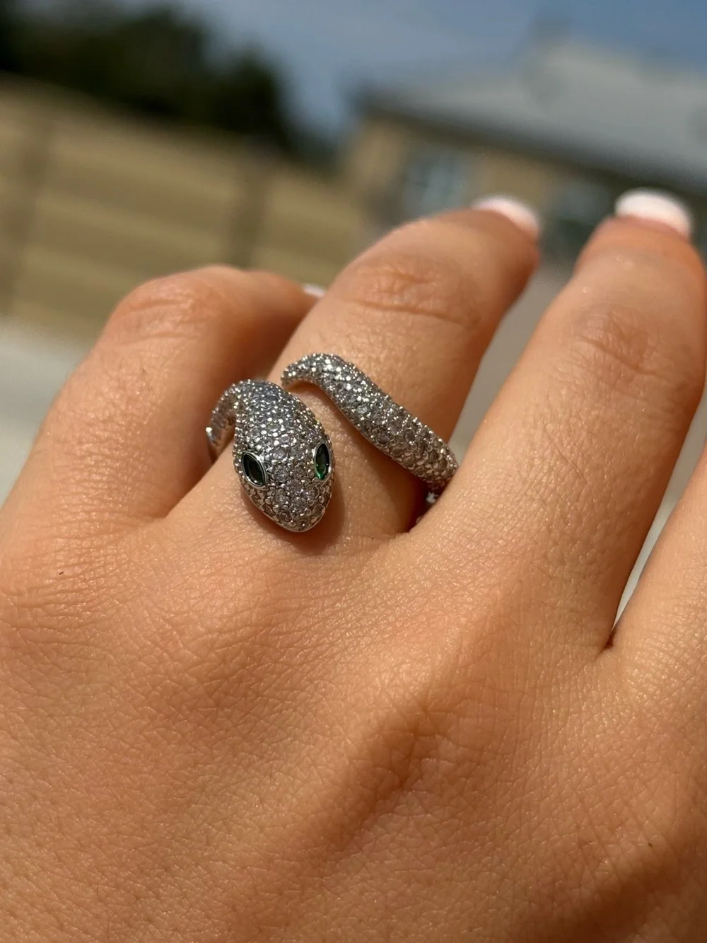 Pavé Silver Snake Wrap Ring with Green Eyes